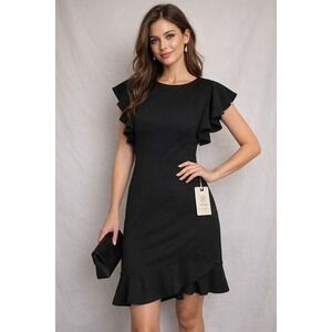 Moyabo Black‎ Ruffle Dress Women M Flutter Sleeve Zip LBD Church Career Cocktail